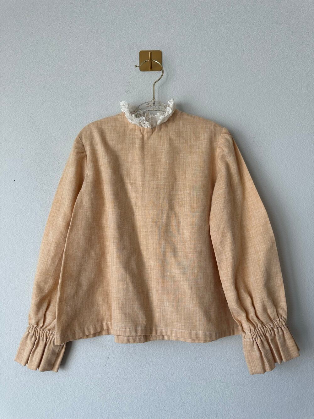 Vintage 70s Prairie Girls Lace High Neck Linen Look Blouse Cottagecore 4T 5T